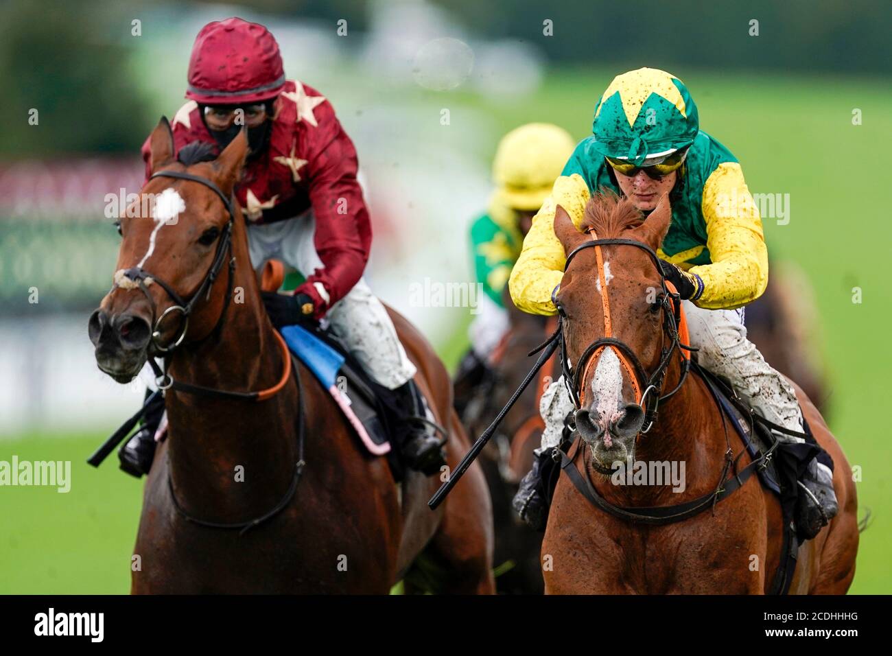 Cieren Fallon à cheval Madrinho (manches jaunes) gagne les Ladbrokes soutenant 'les enfants avec le cancer UK' apprenti handicap à l'hippodrome de Goodwood. Banque D'Images