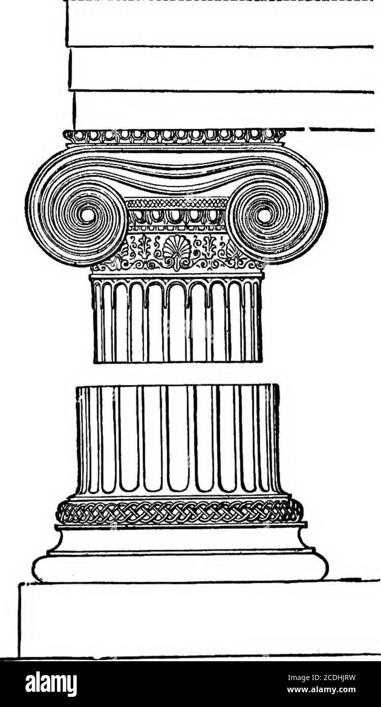 . Une brève histoire de l'art . uibiuuiuoL njouuuuuuuuiUOumimuM mm^mmmmmmmmmmimmi.. LE GRENIER-IONIQUE STYLEProm l'Erechtheum à Athènes pour se rencontrer en diagonale des deux côtés. (Voir colonne cor-ner d'Erech-theum,) UNE bande moulée sep-arate le whorledabacus de l'archi-trave, qui a été dévided en plusieurs laïcs, ou fasciae, projetant légèrement l'un au-dessus de l'autre. La frise n'est pas divided en blocs comme dans l'ordre dorique, le butconsiste d'une ligne continue d'ornement. Thecornice est constructedd'une série de bandes et de moulages, chacun projetant au-dessus de l'autre, et est termi-nated par le cym richlysté Banque D'Images