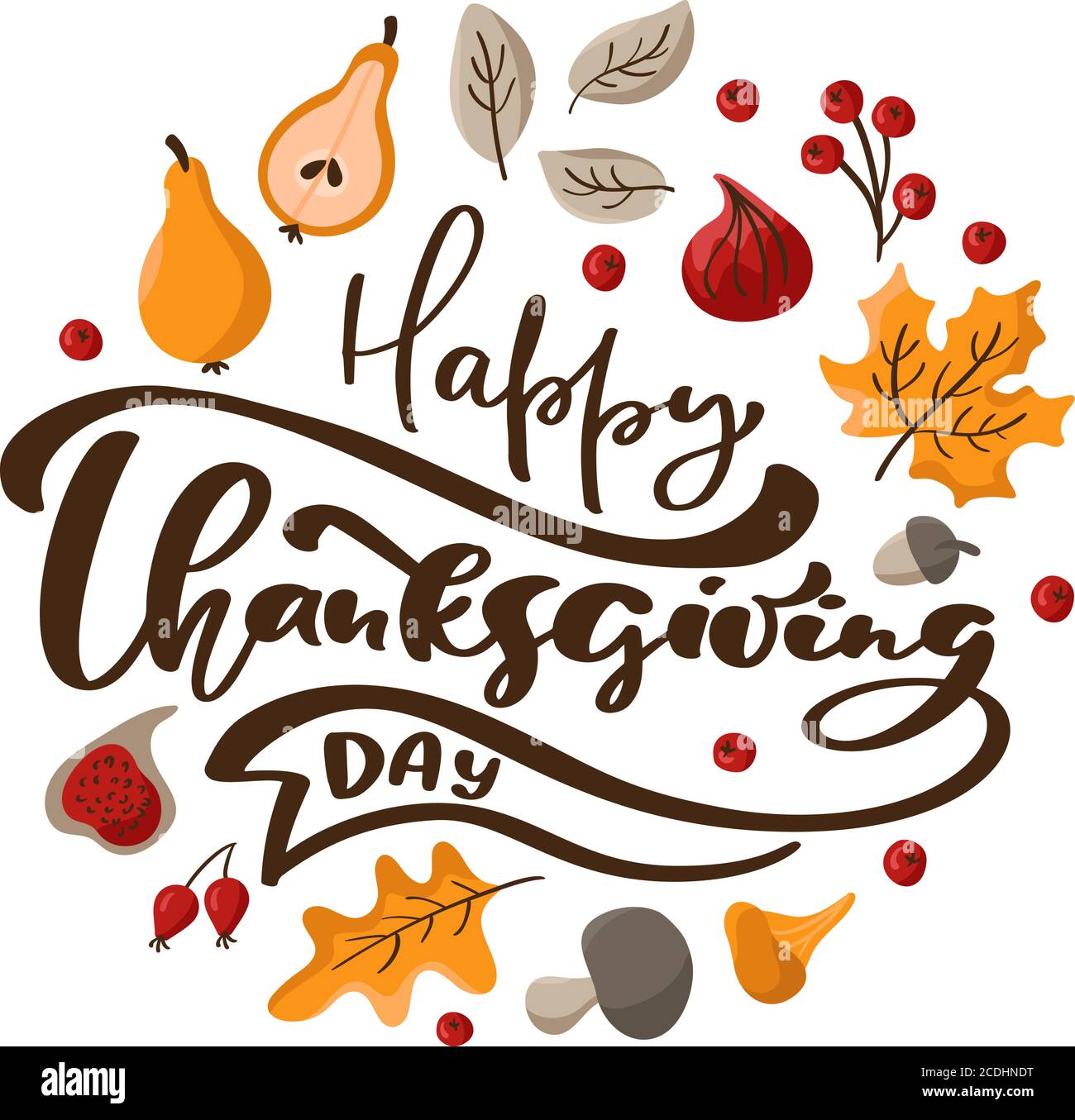 Joyeux jour de Thanksgiving vecteur texte calligraphique avec cadre de couronne d'automne avec des feuilles d'orange, des baies, des champignons et des poires Illustration de Vecteur