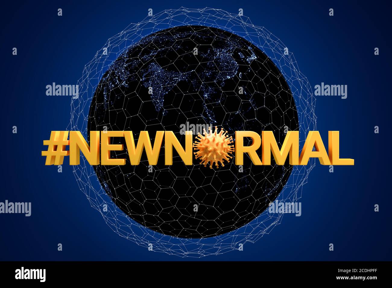 Concept pour le #newnormal après le virus Corona dans un monde connecté. Virus de la famille de corona incorporé dans le mot #newnormal. Concentrez-vous sur l'Asie Banque D'Images