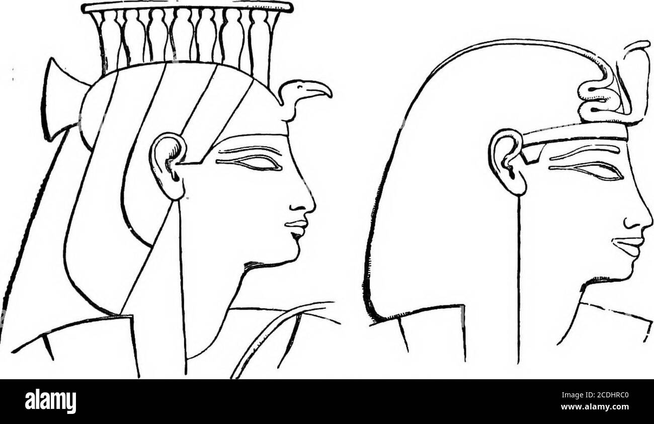 . Une courte histoire de l'art . ART ÉGYPTIEN 21 un tablier; même les draperies plus pleines et plus riches étant de la lumière, matériel tianparents. Les cheveux ont été dissimulés par un chapeau, et dans le cas des dirigeants ont été combinés avec le double couronnement de l'Egypte supérieure et inférieure, ou par une fantastique robe de tête com-posée d'attributs symboliques. La barbe était enroulée et pliée dans le semblant d'un crochet. L'artiste a travaillé sous un canon fixe de proportions arithmétiques, enjoint par la loi, qui pendant plusieurs milliers d'années n'a été que légèrement varié en =3. LES CHEFS ÉGYPTIENS DANS RELIEFEighth Dynasty; montrant des traces de réponse de sang sémitique à Banque D'Images