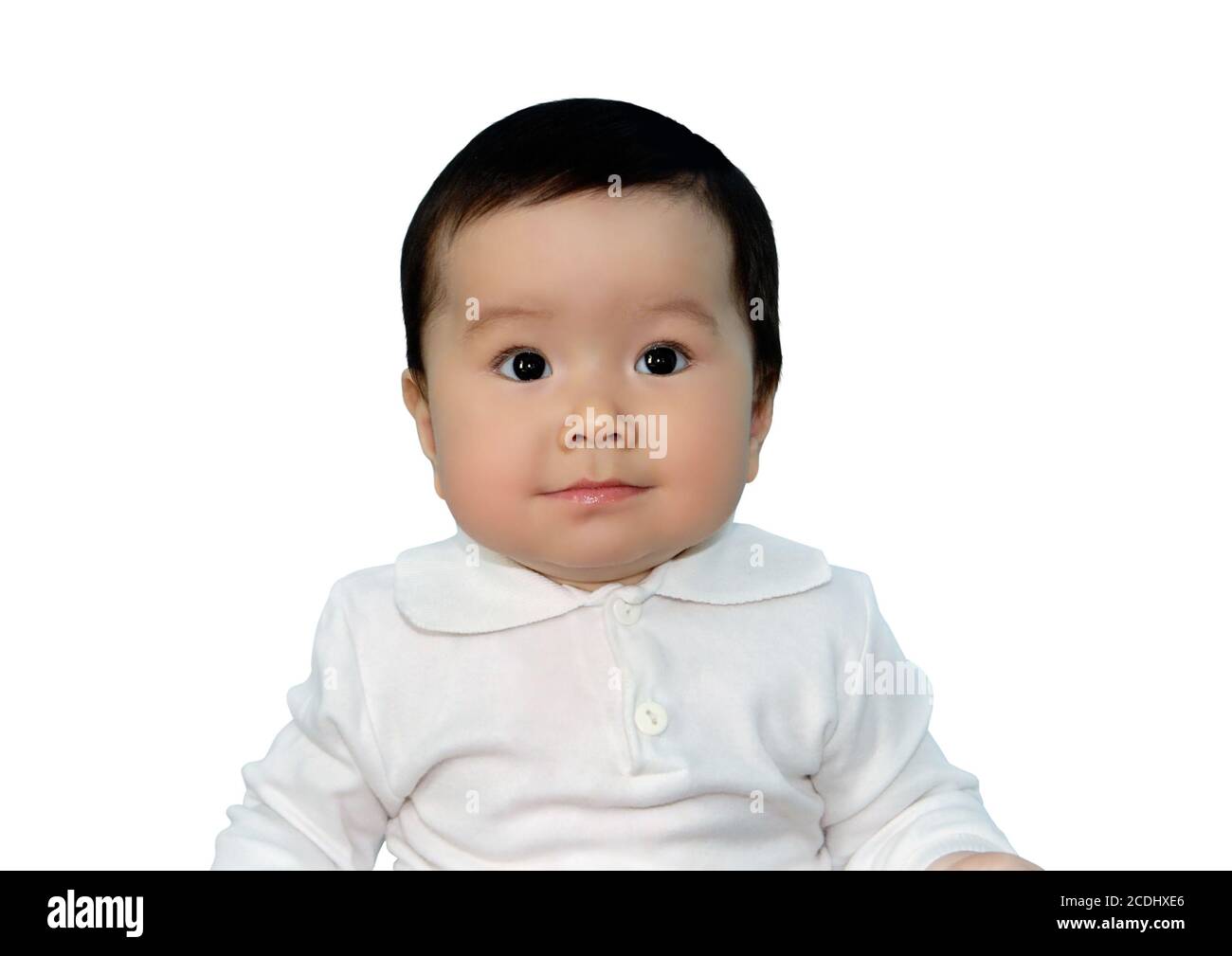 mignon brune bébé de 9 mois en blanc Banque D'Images