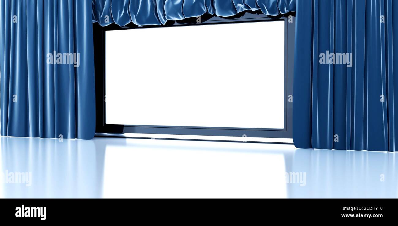 écran blanc vide moderne avec rideaux bleus aroun Banque D'Images
