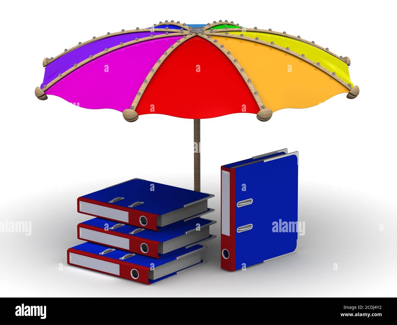 Protection des données. Les chemises en anneau se trouvent sous le parasol sur une surface blanche. Illustration 3D Banque D'Images