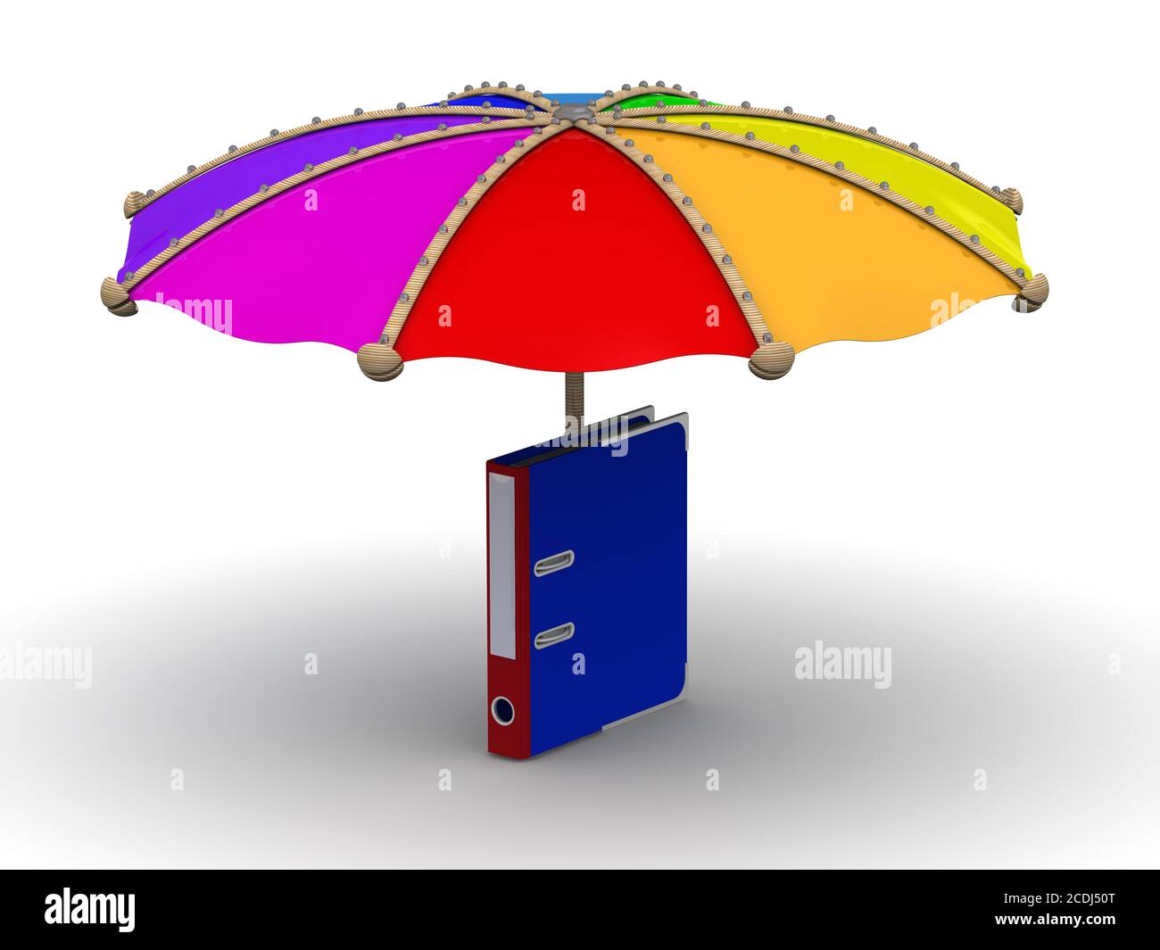Protection des données. La chemise en anneau se trouve sous le parasol sur une surface blanche. Illustration 3D Banque D'Images