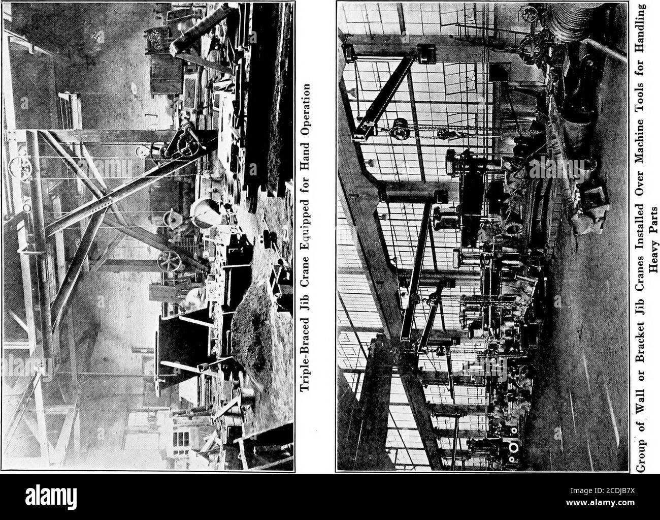 . Cyclopedia de manutention; un livre de référence qui couvre les définitions, les descriptions, les illustrations et les méthodes d'utilisation des machines de manutention utilisées dans l'industrie . GRUES 171 transfert; à l'aide d'un aimant et utilisé pour manipuler des métaux en aluminium ou en ferraille; ou avec un seau automatique pour manipuler le minerai, le ccal, le coke, la pierre concassée, le sable et le gravier, ou d'autres matériaux similaires. Les grues fixes peuvent être fabriquées dans pratiquement n'importe quelle capacité et n'importe quelle portée souhaitée. Les plus petites tailles, la capacité de rangingin jusqu'à environ 2S tonnes, sont généralement équipées d'un chariot à chaîne et d'un palan fonctionnant à la main; orwit Banque D'Images