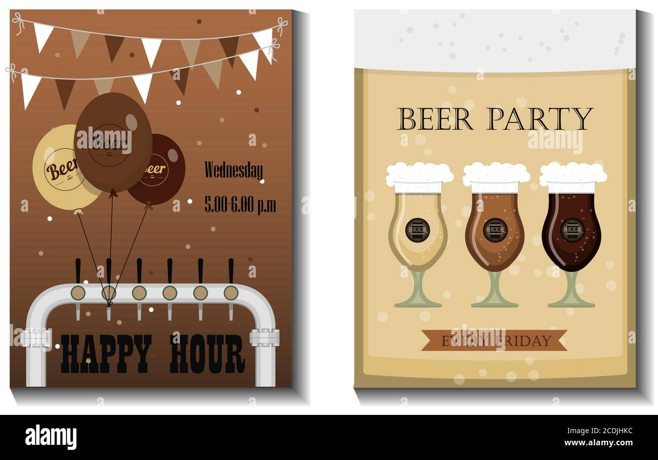 Un ensemble de flyers vectoriels pour une fête de la bière, un festival ou une publicité. Illustration plate avec des tasses à bière, des bouteilles de bière, des verres et des décorations de vacances. Bannière avec des informations sur une fête, des vacances et des happy hours dans un bar à bière. Des publicités pour l'Oktoberfest, les vacances ou des images pour un restaurant, un pub ou un magasin de vins et spiritueux. Jeu de cartes de visite Illustration de Vecteur