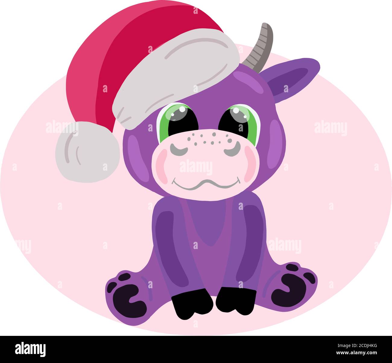 Image vectorielle d'un joli taureau violet de dessin animé dans un chapeau de Père Noël sur fond rose. Pour la conception de cartes postales, affiches, imprimés pour t-shirts Illustration de Vecteur