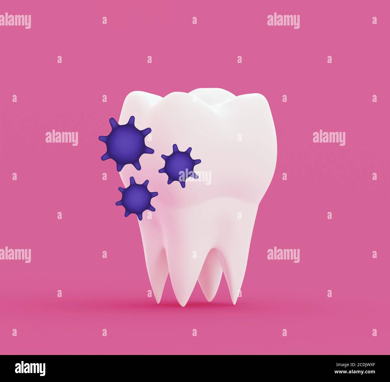 molaire à dents blanches avec germes sur fond rose, bactéries caries, illustration 3d Banque D'Images