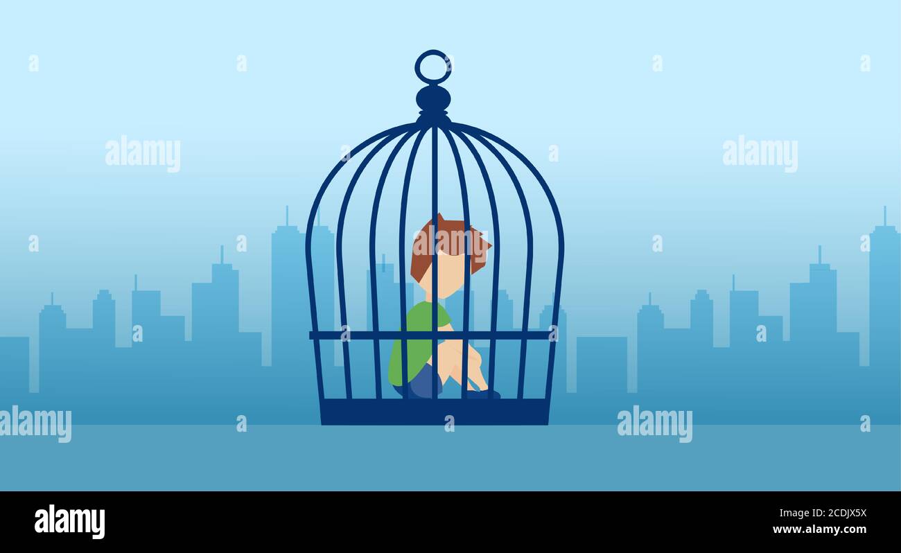 Vecteur d'un enfant solitaire assis à l'intérieur de la cage un fond de ville Illustration de Vecteur