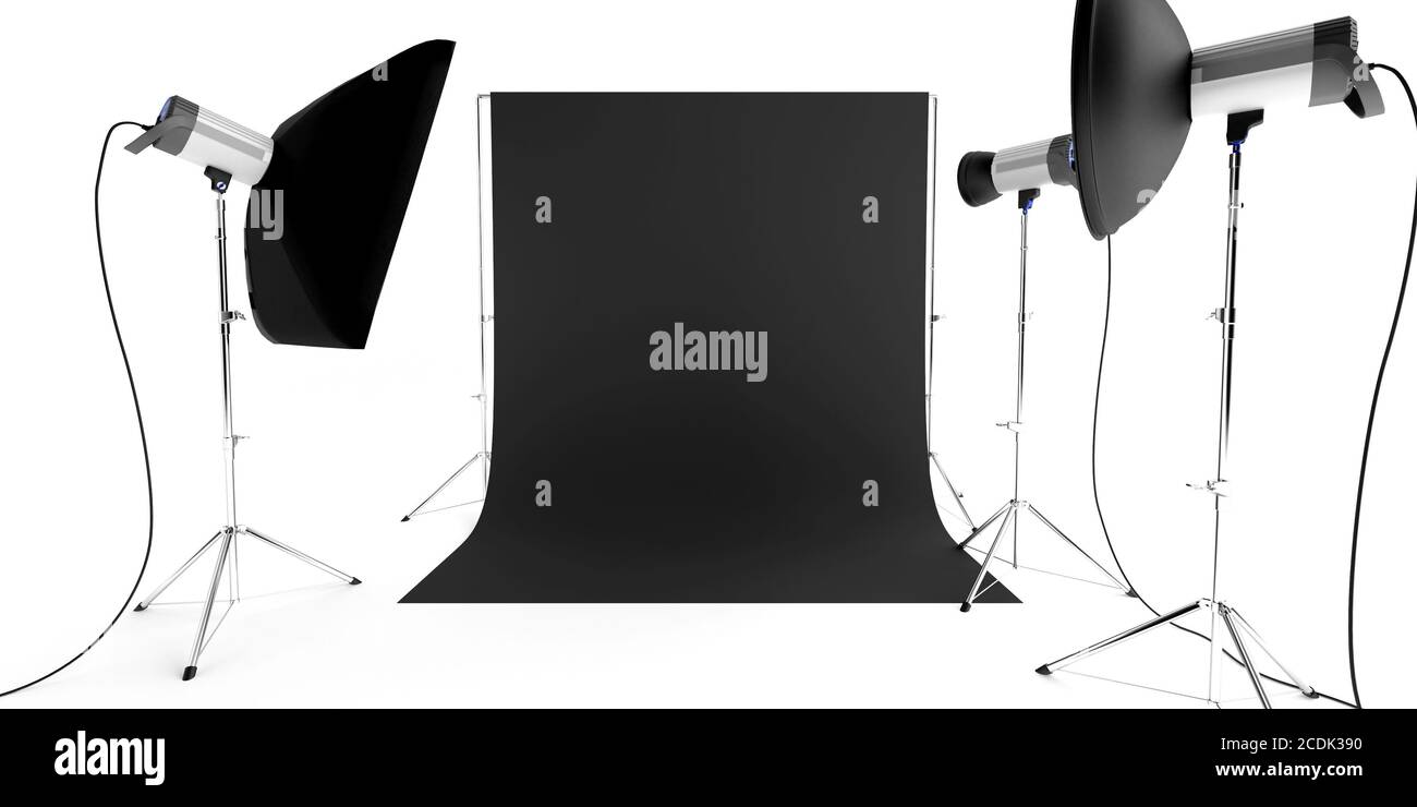 équipement de studio photo avec flashs et arrière-plan Banque D'Images