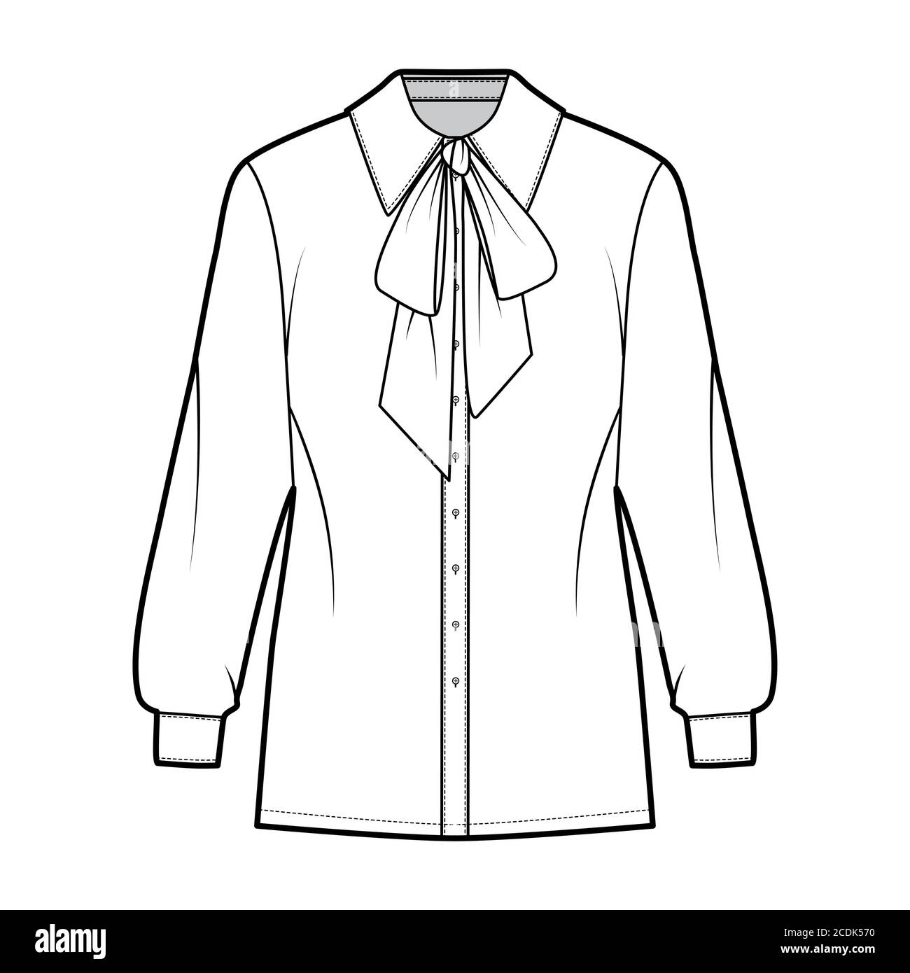 Chemise à noeuds dessin technique de mode avec manches longues et poignets,  coupe relax, boutons sur le devant, col standard. Modèle de vêtement plat  sur le devant, blanc, couleur. Femmes hommes unisexe