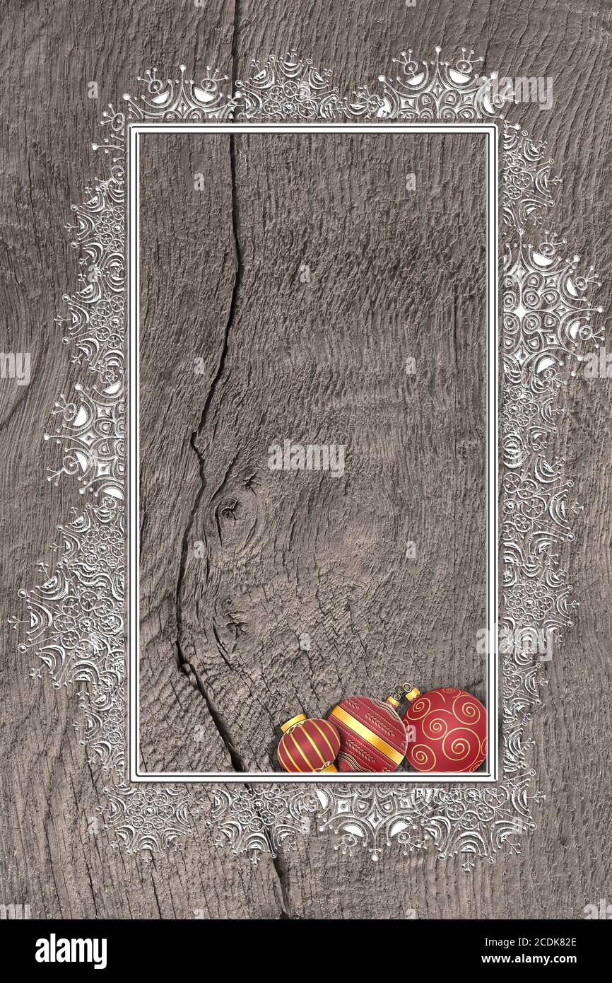 Noël 2021 le nouvel an grunge arrière-plan en bois avec bordure argentée de flocons de neige et boules de Noël rouges avec ornement d'or. Maquette, placer pour texte, menu. Verticale. Pose à plat. Illustration 3D Banque D'Images