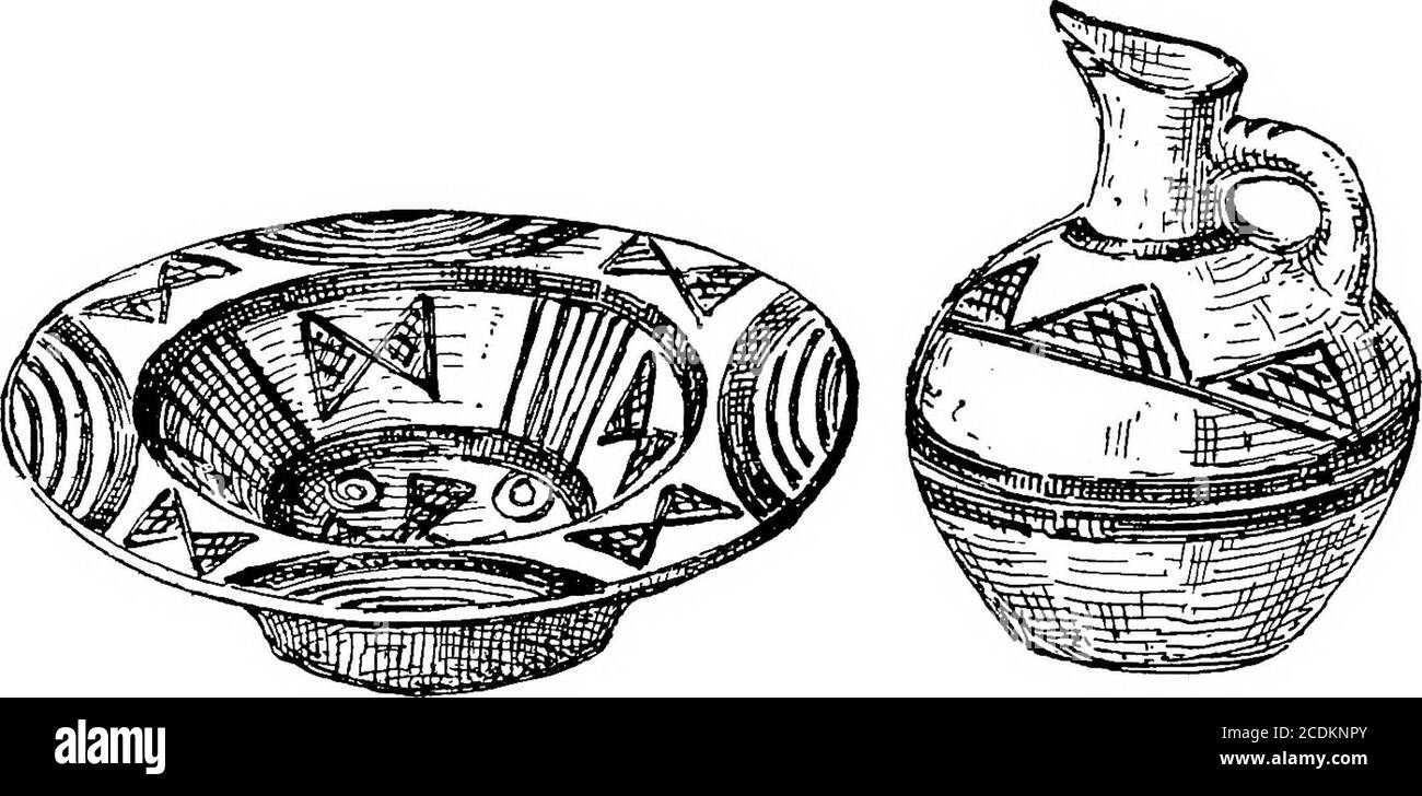 . Le palais de Minos : un compte-rendu comparatif des étapes successives de la civilisation crétoise ancienne comme illustré par les découvertes de Knossos . PaintedGeome-tricalDecora-tion onPottery. 74 LE PALAIS DES MINOS, ETC. Simple mais et ben huts, d'ailleurs, construit avec --g^fy^e- ^^-eblocks sont associés aux vestiges contemporains des Cyclades.^ ce tombeau-planin fournit en fait un exemple typique de la forme plus simple ^{^^^^^i^J^.en Crète au début de l'âge minoen. La maison des morts est ici un modèle réduit de la maison du hvmg. Une tradition sub-néolithique est encore percep Banque D'Images