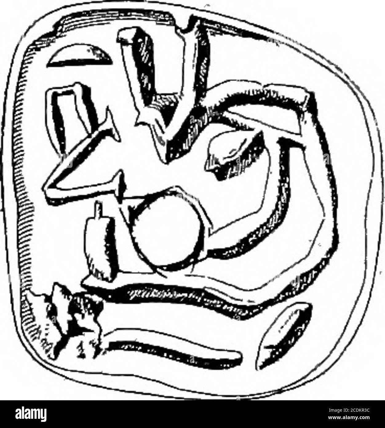 . Le palais de Minos : un compte-rendu comparatif des étapes successives de la civilisation crétoise ancienne comme illustré par les découvertes de Knossos . Chalco-lithicPhase. SteatiteSeals et Whorlswith RudePicto-graphes.. b c Fig. 37. THREErSiDED Steatite Seal, Kalochorio, Crète (§ c). Forme de certains des poignards triangulaires de la période E. M. II (voir ci-dessous, fig. 70) indique l'existence antérieure de types plus simples de cette arme.Sinon, comme le montre abondamment les strates sous-néolithiques à Knossos, il y a eu une survie considérable de l'utilisation des outils de pierre, notablysmall celts et obsidia Banque D'Images