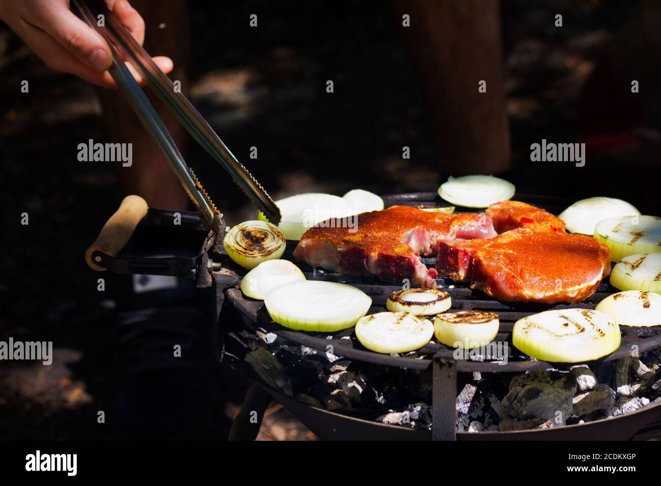 La viande sur le barbecue avec grillemarks Banque D'Images