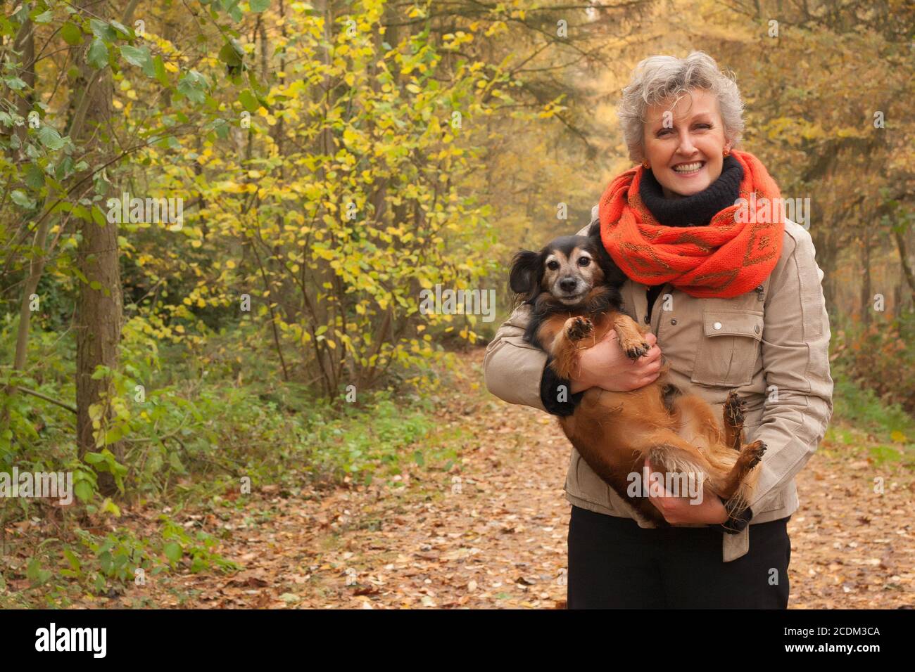 Femme d'âge moyen, c'est effectuer le chien Banque D'Images