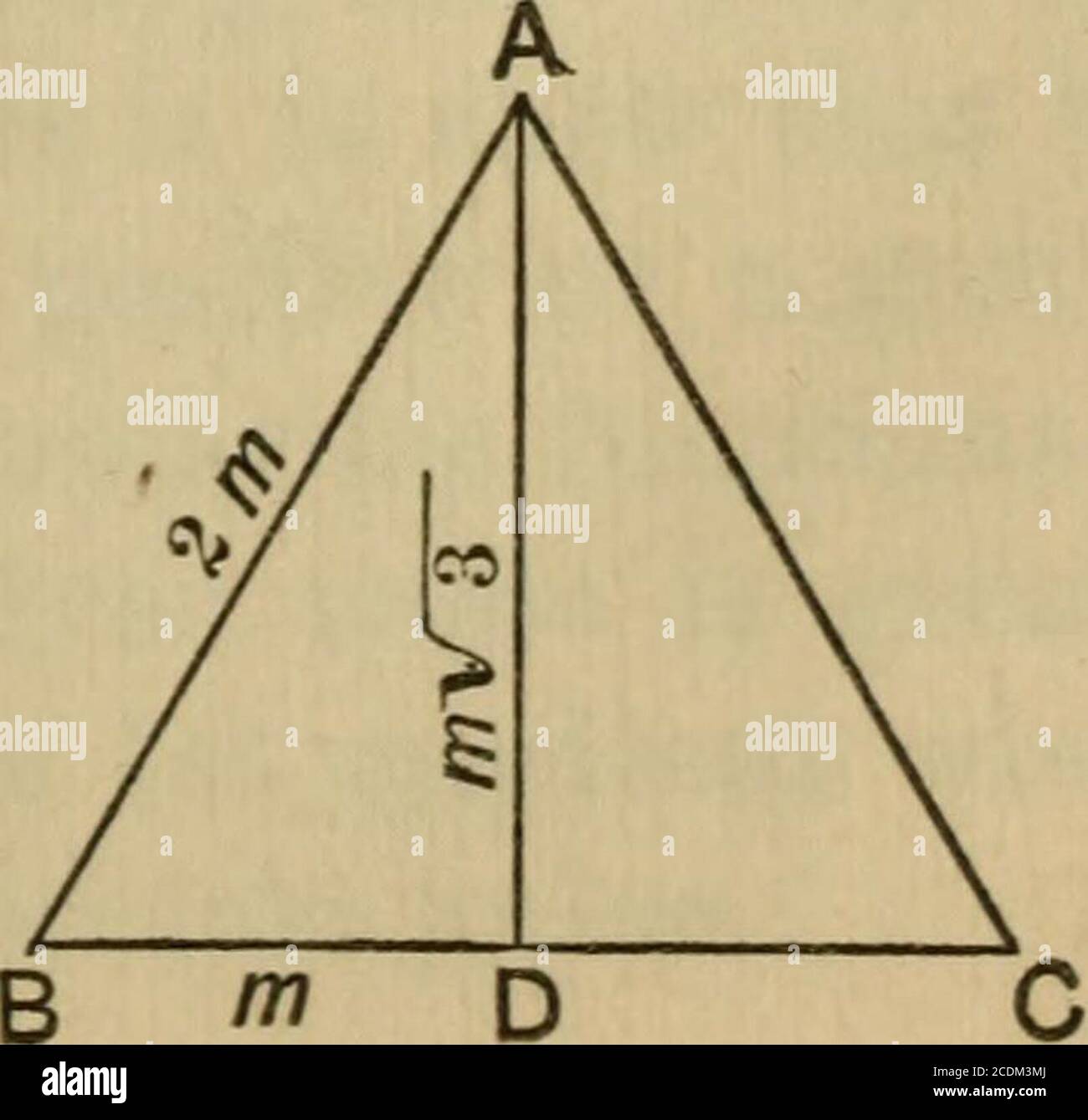 . Un traité sur la trigonométrie plane et sphérique, et ses applications à l'astronomie et à la géodésie, avec de nombreux exemples . sin45° = —= cos45°: V21 à V2 V2 cot45°m sec 45° = V2. cosec 45°=V2. Tan 45° =^=™ = 1.AC m = 1. 27. Pour trouver les fonctions trigonométriques de 60° et 30°.—soit AB un triangle équilatéral. Dessiner AD perpen-dicular à BC. Puis AD divise l'angle bac et le côté BC. TreeforeBAD = 30° et ABD = 60°. 32 Plan de LetThen TRIGONOMÉTRIE.BA = 2 M. , BD = M. AD = V4m2 — m2 = m V3. . sin 60° = AD:=mV5AB : 2m = ±V3. Cosec60°=- V3 cno BD 1 cos 60 = — = —BA 2 .-. Sec 60° = 2. Tan60°=^ = Banque D'Images