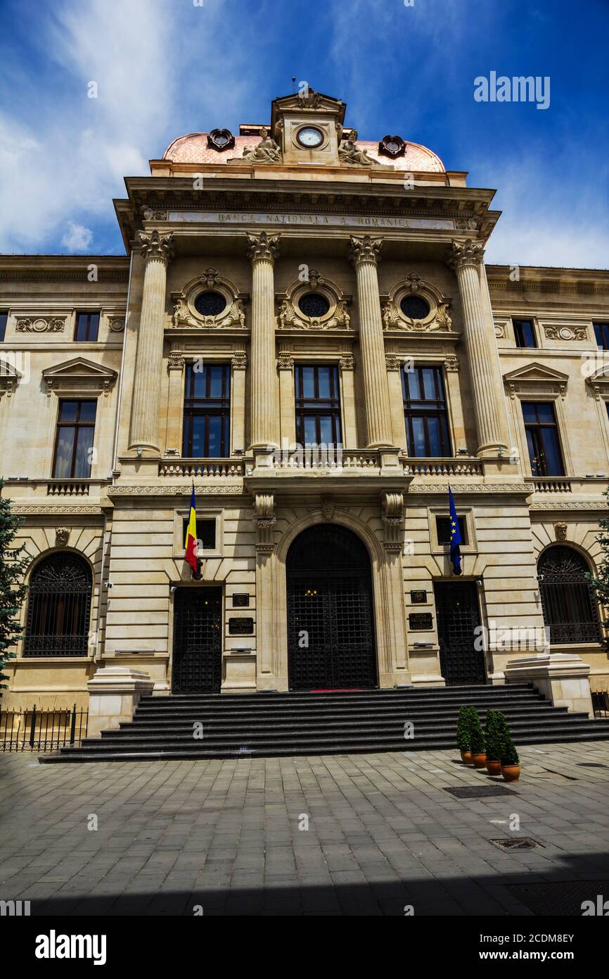 Banque nationale de Roumanie, la façade de l'immeuble, Bucarest, Roumanie. Banque D'Images