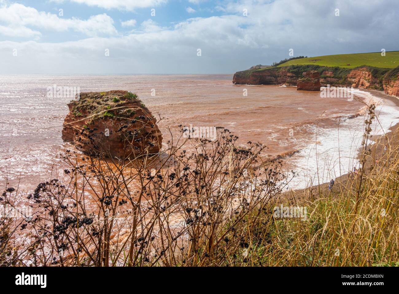 Vagues se brisant sur la plage de Ladram Bay près d'Exmouth dans le sud du Devon, Angleterre, Royaume-Uni. Falaises de grès rouge, partie de la côte jurassique. Banque D'Images