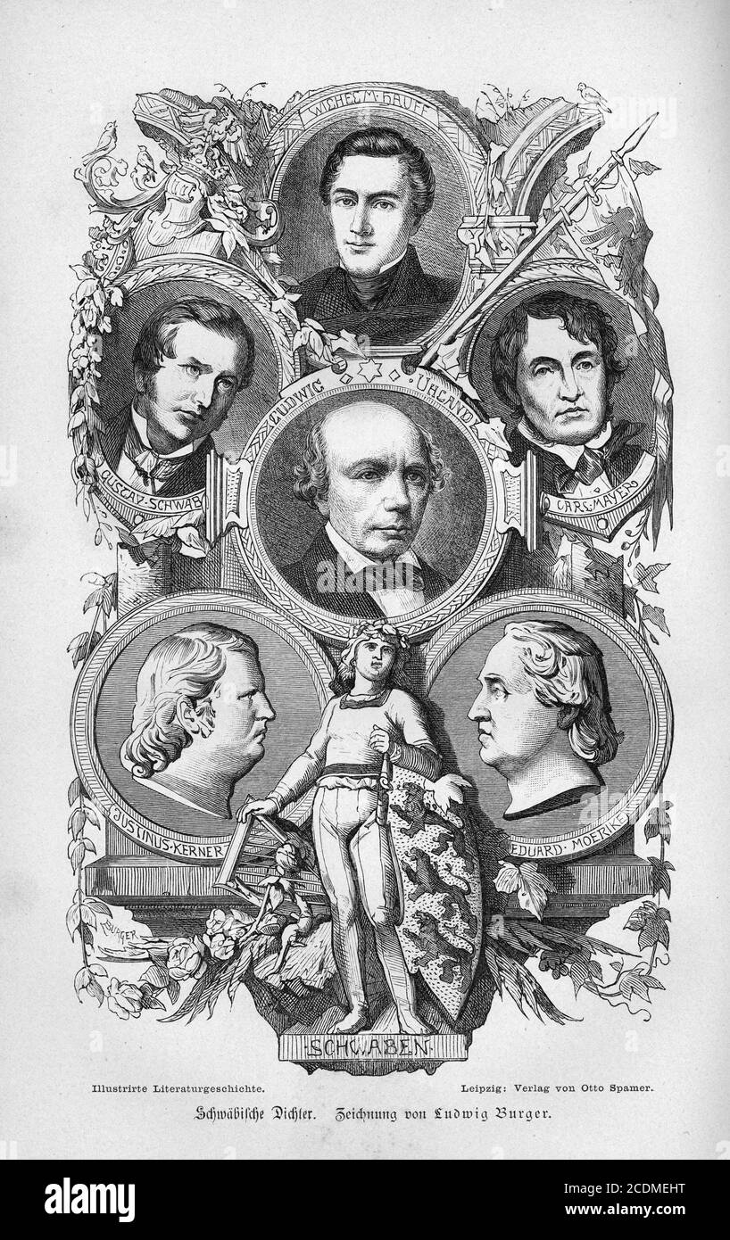 Poètes souabe : Wilhelm Hauff, Gustav Schwab, Ludwig Uhland, Carl Mayer, Justinus Kerner, Eduard Moerike, illustration historique d'Otto von Banque D'Images