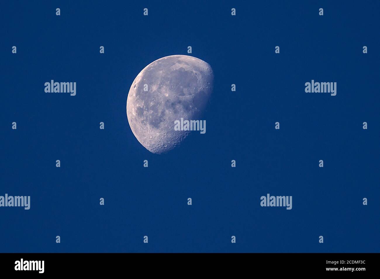 Lune déclinante dans le ciel bleu du matin tôt, Bavière, Allemagne Banque D'Images