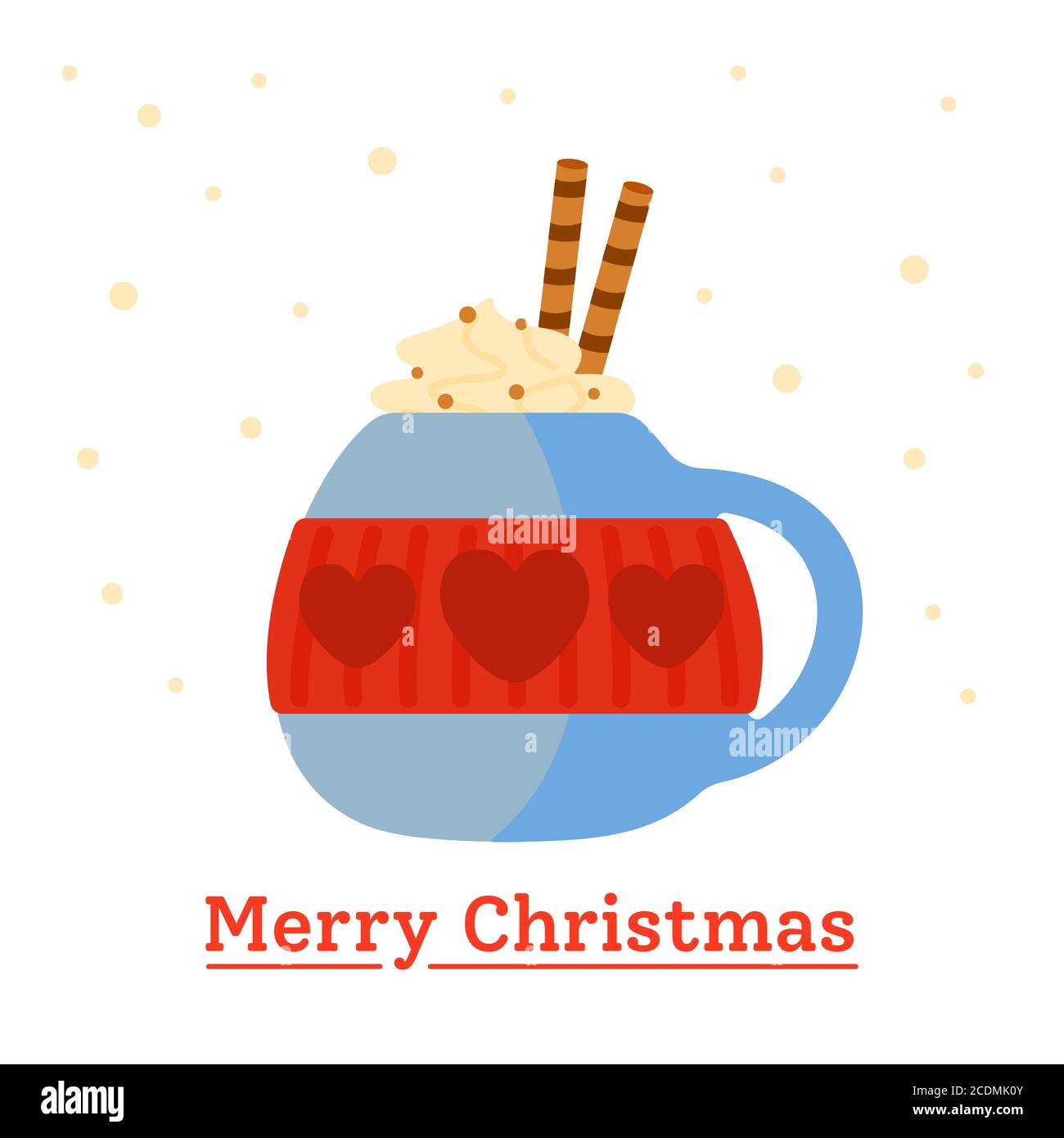 Tasse de Noël boisson chaude plate avec coeurs. Carte postale de vœux de joyeux Noël. Boisson de dessin animé du nouvel an, café mignon mug de vacances, bonbons et crème décorés. Illustration vectorielle isolée Illustration de Vecteur