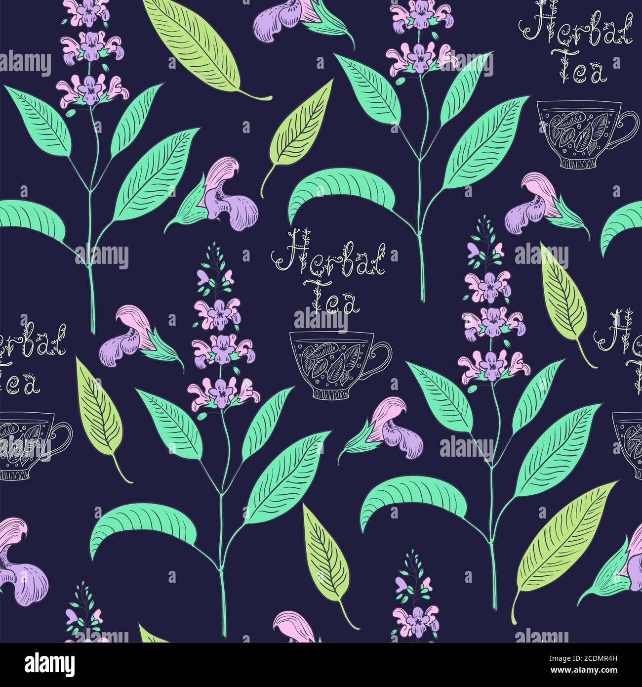 Motif sans couture avec fleurs et plantes à sauge. Illustration de Vecteur