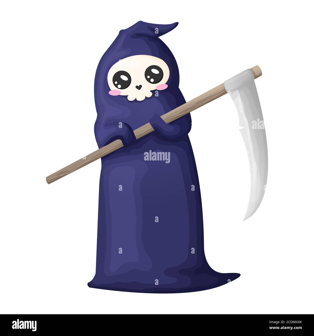Mignon dessin animé sombre couche avec scythe isolé sur fond blanc. Illustration vectorielle. Icône de personnage de squelette d'Halloween de kawaii. Illustration de Vecteur
