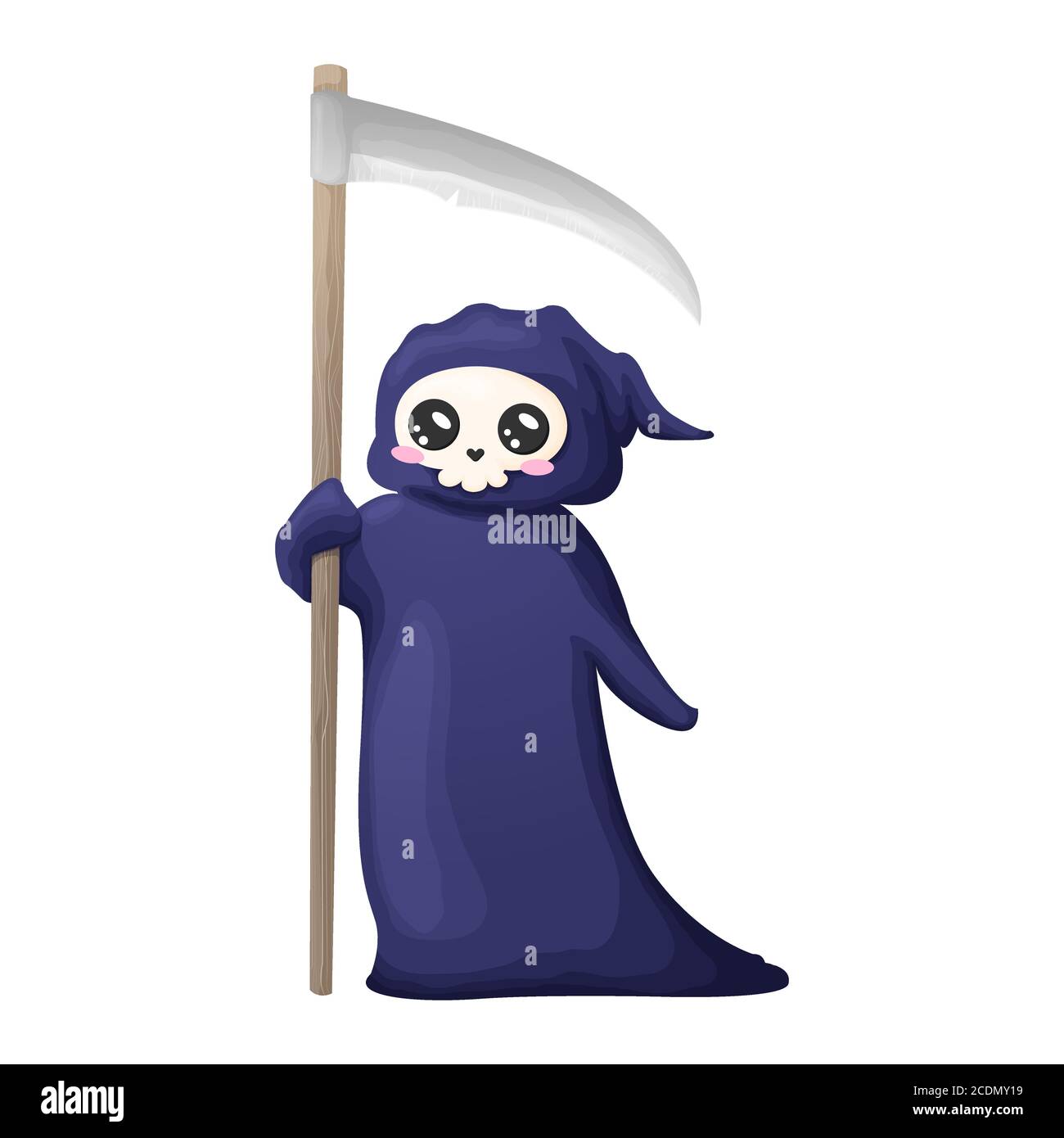 Mignon dessin animé sombre couche avec scythe isolé sur fond blanc. Illustration vectorielle. Icône de personnage de squelette d'Halloween de kawaii. Illustration de Vecteur
