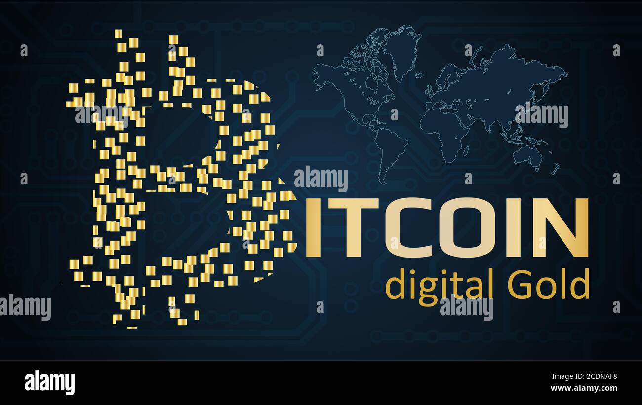 Texte bitcoin numérique or écrit en or sur fond sombre. Logo Bitcoin en blocs dorés. Carte électronique et carte du monde en arrière-plan. F Banque D'Images