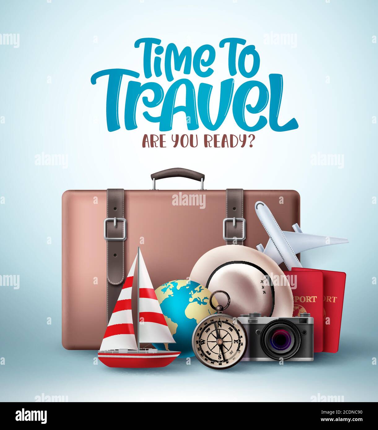 Design de bannière vectoriel Time to Travel. Des éléments de voyage et de visite comme une valise, un passeport, un appareil photo et un compas pour les vacances de conception. Vecteur Illustration de Vecteur
