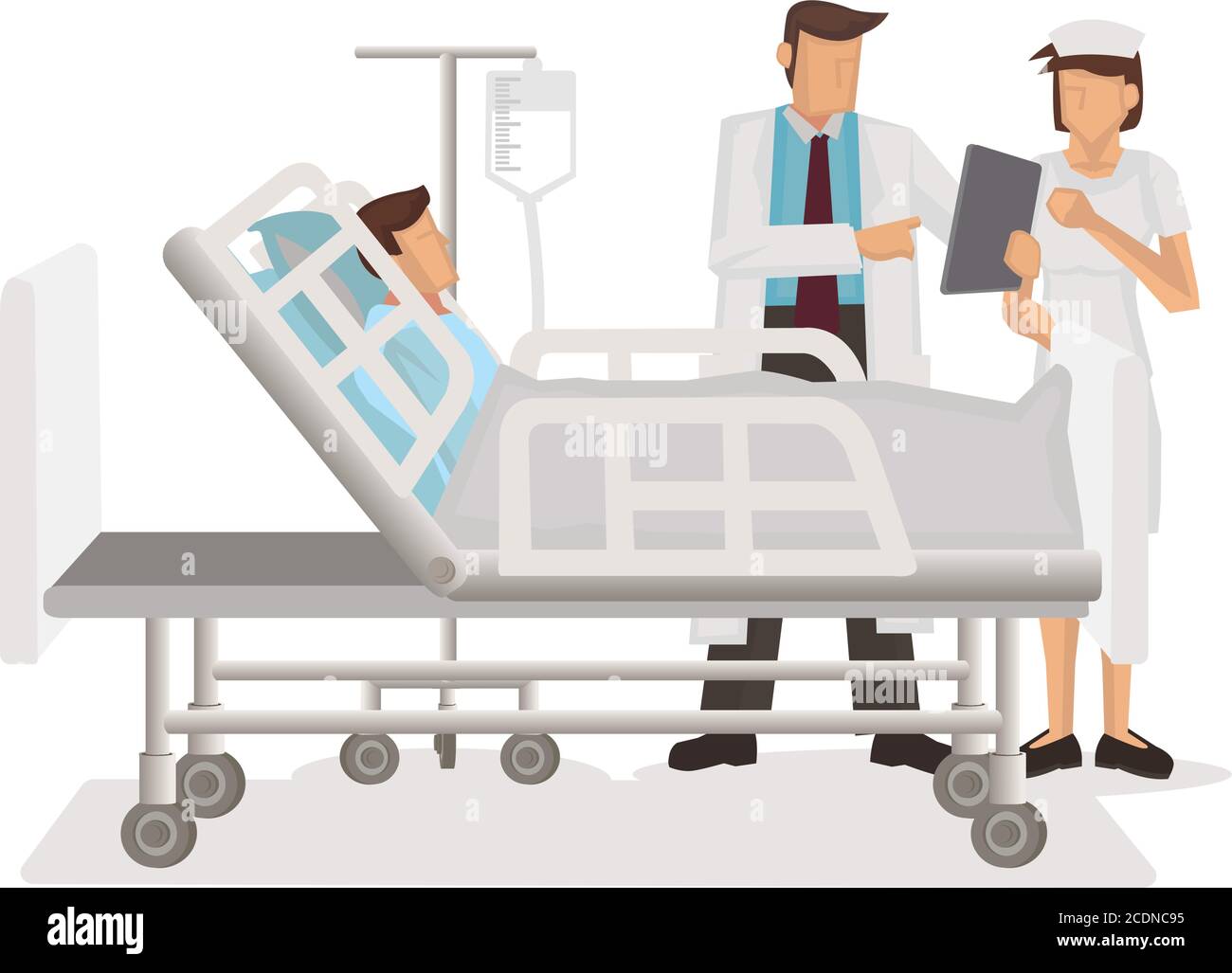 Médecin et infirmière avec un ordinateur de tablette qui rend visite à un patient de la salle d'hôpital. Concept Medicare. Illustration vectorielle de personnage de dessin animé plat isolée sur Illustration de Vecteur