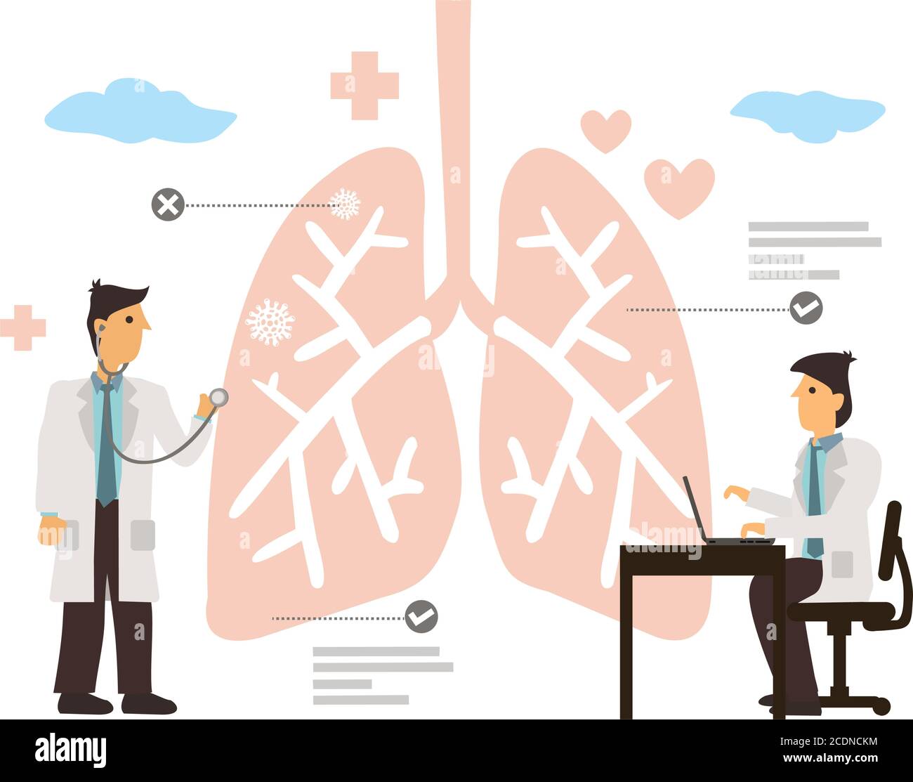 Contrôle de l'inspection des poumons par des médecins de santé. Notion de Pulmonologiey. Examen et traitement du système respiratoire. Illustration vectorielle plate. Illustration de Vecteur