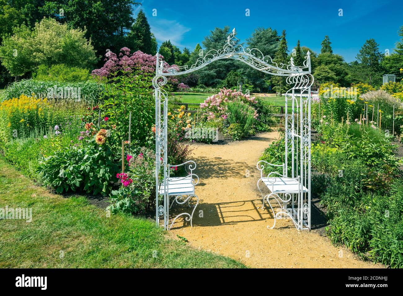 Parc du château de Lembeck, jardins baroques, jardin anglais, jardin fleuri, jardin ornemental, roseraie avec sièges, D-Dorsten, D-Dorsten-Lembeck, Lippe, région de Ruhr, parc naturel Hohe Mark Westmuensterland, Muensterland, Westphalie, Rhénanie-du-Nord-Westphalie, NRW Banque D'Images