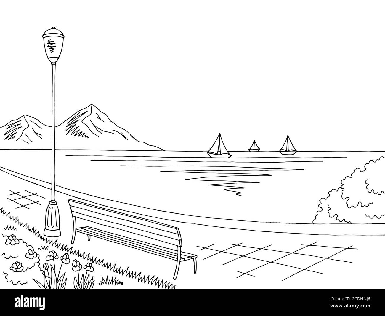 Motif de remblai noir blanc mer paysage dessin illustration vecteur Illustration de Vecteur