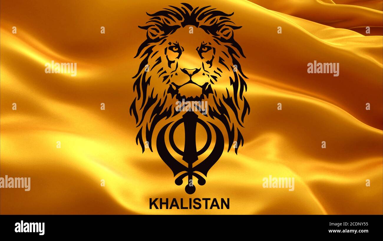Le Lion et le symbole principal du sikhisme est le khansa Panneau sur le fond d'un drapeau orange agitant le Khalistan Banque D'Images