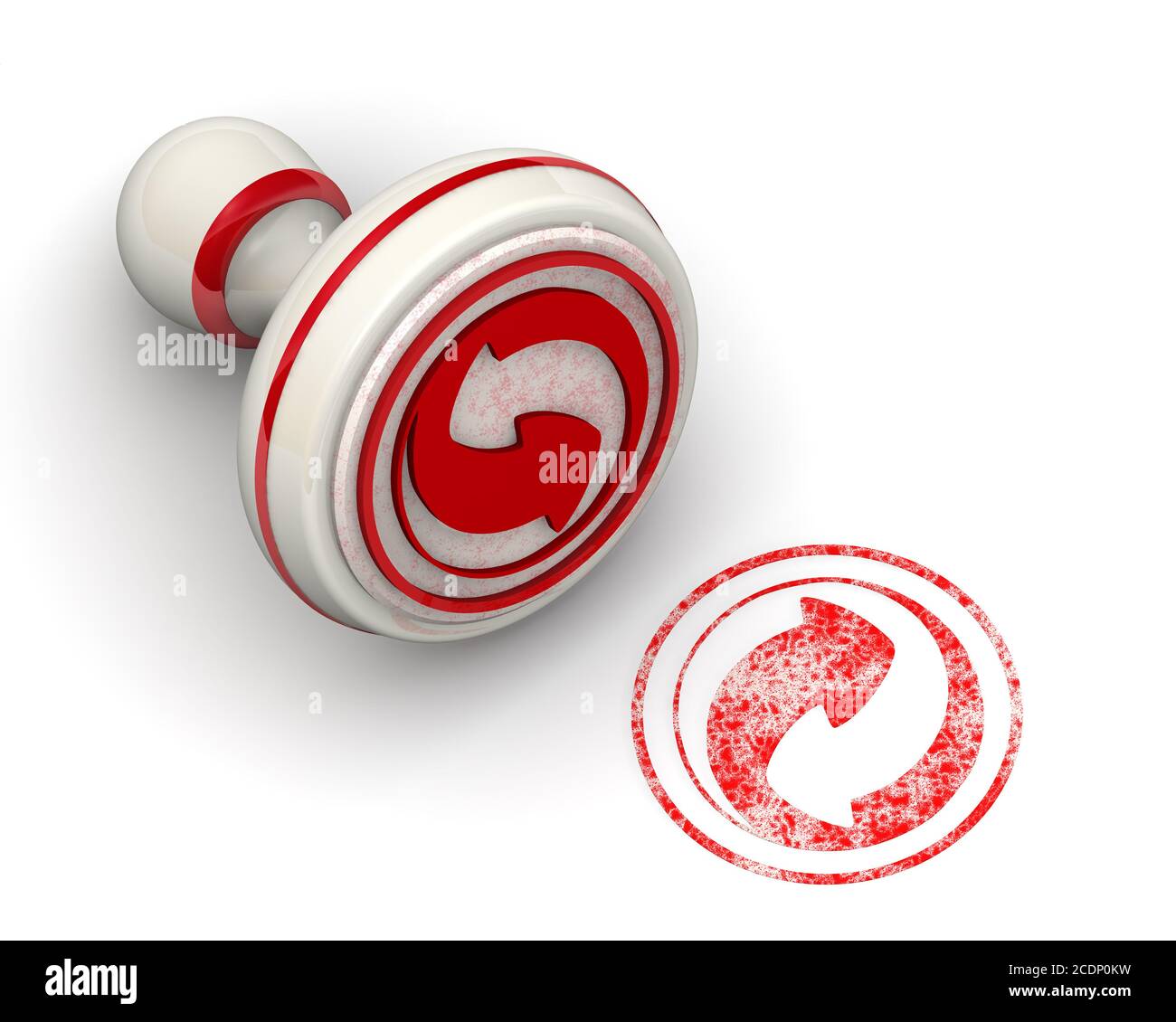 Symbole de recyclage. L'embouti et une empreinte. Estampl blanc et empreinte rouge avec symbole de recyclage sur surface blanche. Illustration 3D Banque D'Images