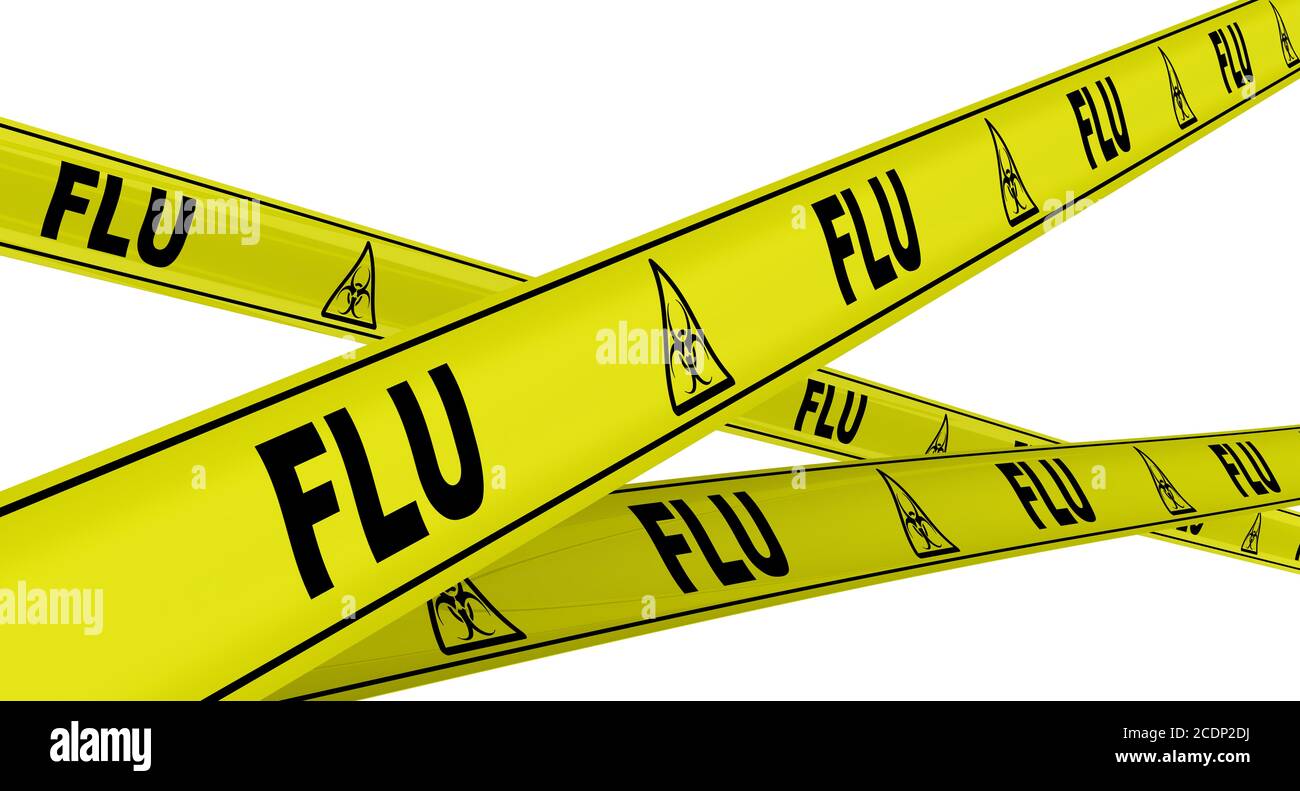 Rubans d'avertissement jaunes avec mots noirs GRIPPE (est une maladie infectieuse causée par un virus de la grippe). Isolé. Illustration 3D Banque D'Images