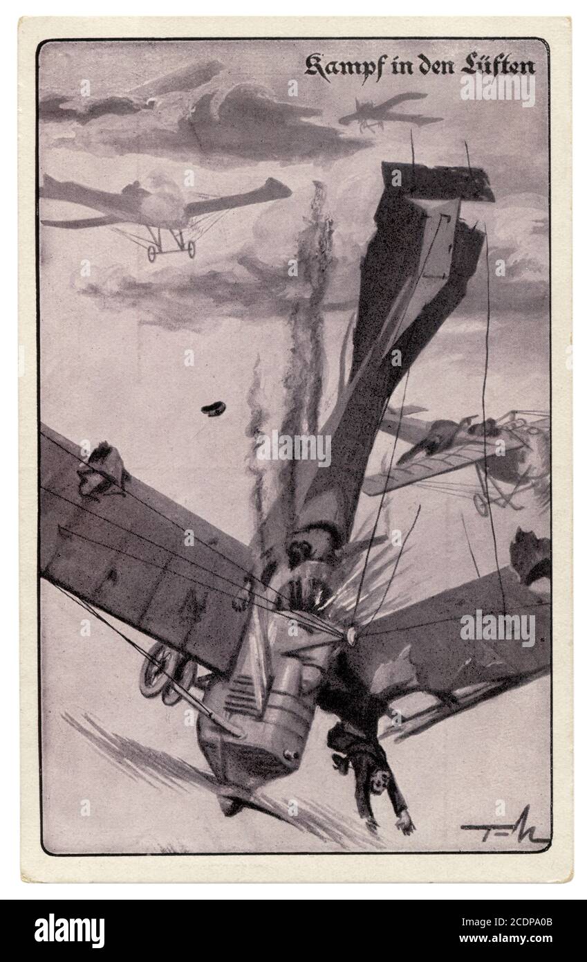 Carte postale historique allemande : bataille aérienne. L'avion ennemi est abattu et tombe en panne. Un pilote ennemi abattu, Allemagne, la première guerre mondiale 1914-1918. Banque D'Images