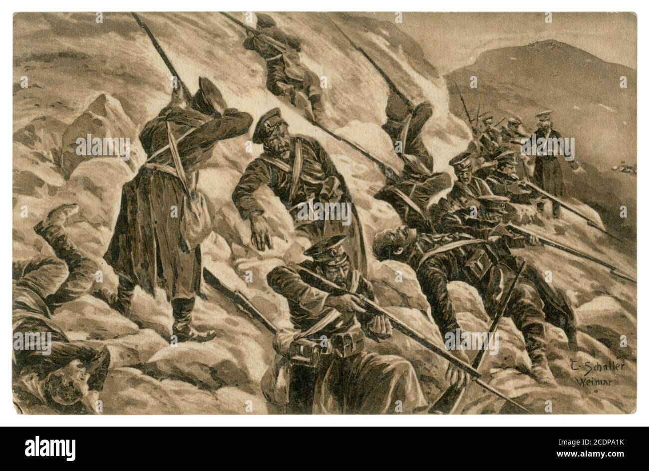 Carte postale historique de la propagande allemande : défaite de la division russe dans les montagnes des Carpates. Les soldats se battent jusqu'au dernier souffle. 1915 Banque D'Images