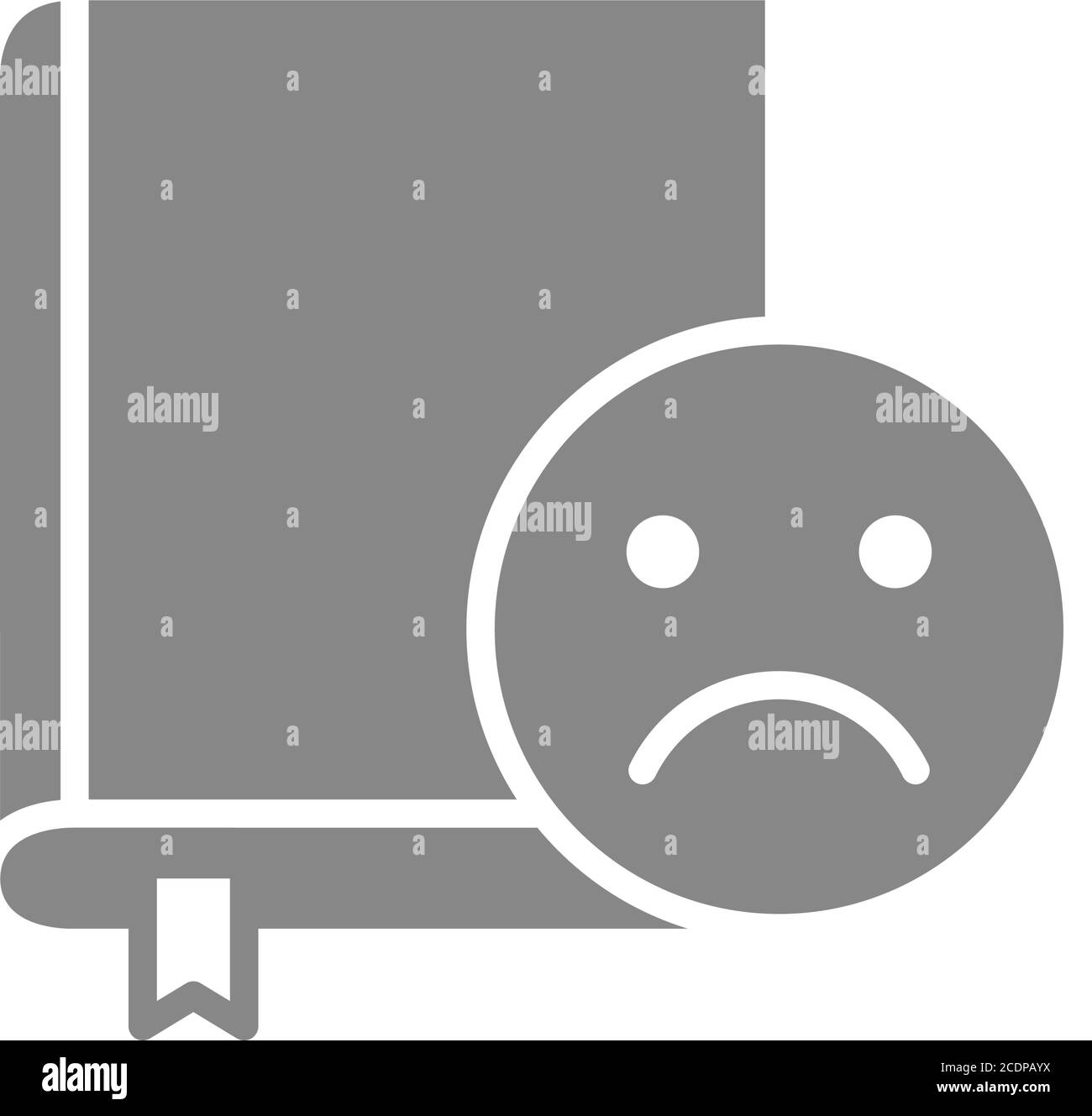 Livre avec icône grise pour visage triste. Mauvaise revue de la littérature, signe de rétroaction négatif Illustration de Vecteur