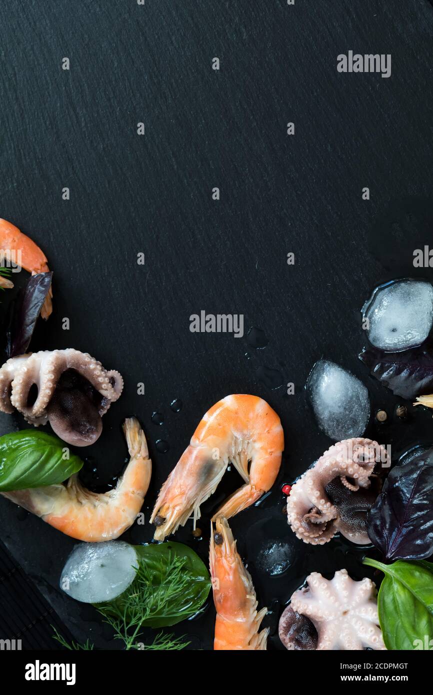 Crevettes roses et pieuvres gastronomiques avec glace, herbes et épices Banque D'Images