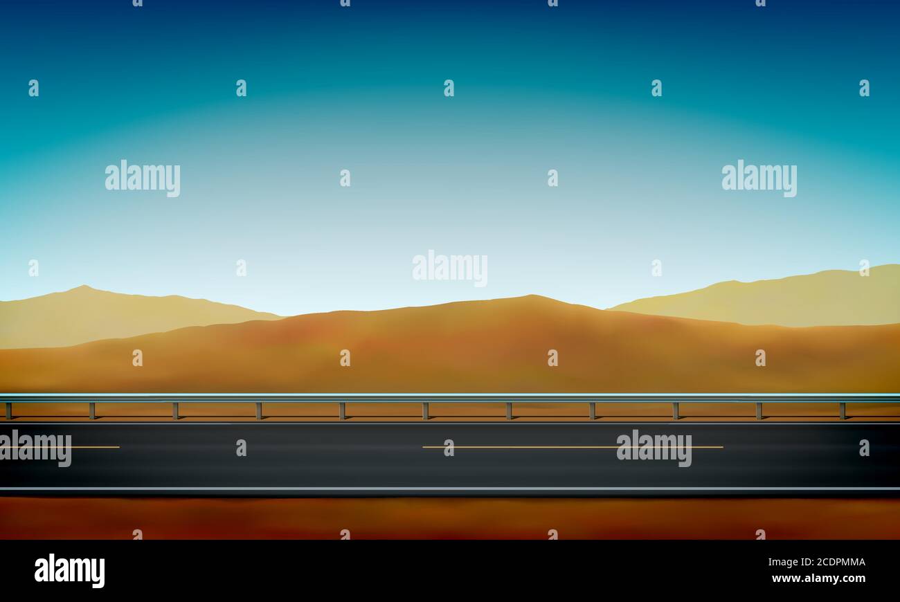 Vue latérale d'une route avec une barrière de collision, bord de route, désert avec dunes de sable et fond ciel bleu clair, illustration vectorielle Illustration de Vecteur