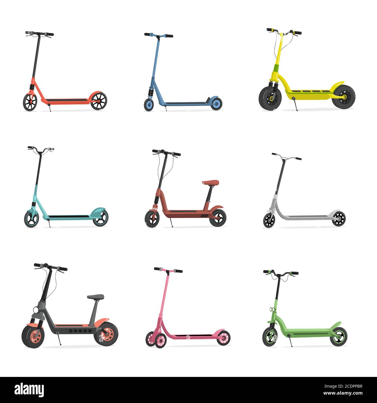 Ensemble de scooters électriques. Trottinettes bleu, rouge, rose, vert, gris et jaune isolées sur fond blanc. Moderne et écologique, transport urbain personnel, gadget de transport, concept de mode de vie actif. Illustration de Vecteur