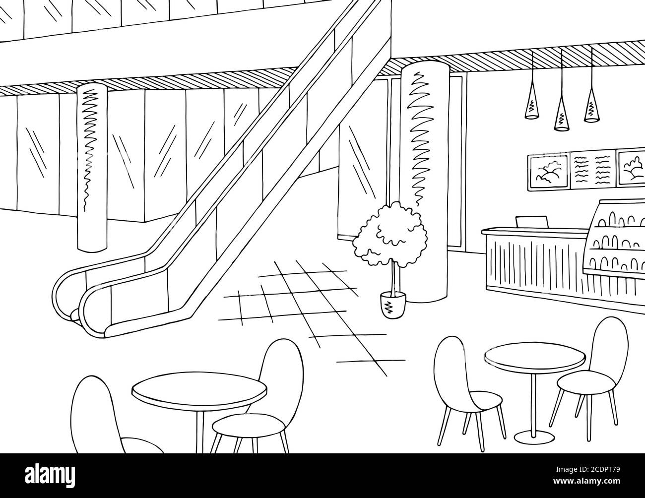 Illustration vectorielle de dessin d'intérieur noir blanc graphique de Mall Cafe Illustration de Vecteur