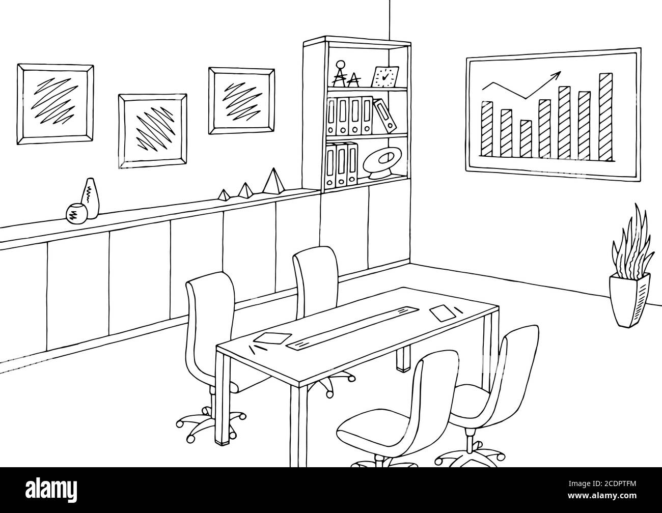 Dessin d'intérieur graphique noir blanc de la salle de réunion de bureau, illustration vectorielle Illustration de Vecteur