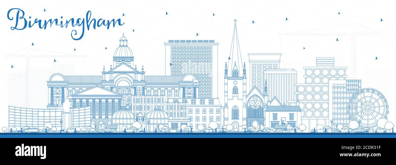 Outline Birmingham UK City Skyline avec Blue Buildings. Illustration vectorielle. Birmingham CityScape avec des monuments. Illustration de Vecteur