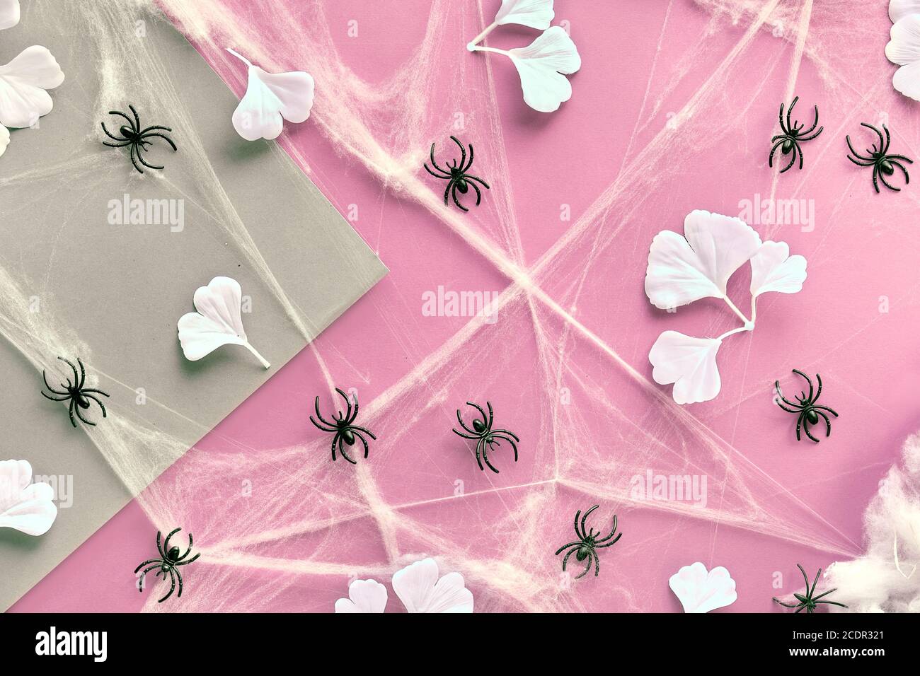 Arrière-plan géométrique pour Halloween avec feuilles de ginkgo blanches, toile d'araignée et araignées sur papier rose et artisanal. Organisation créative pour Halloween, mise en page plate. Banque D'Images