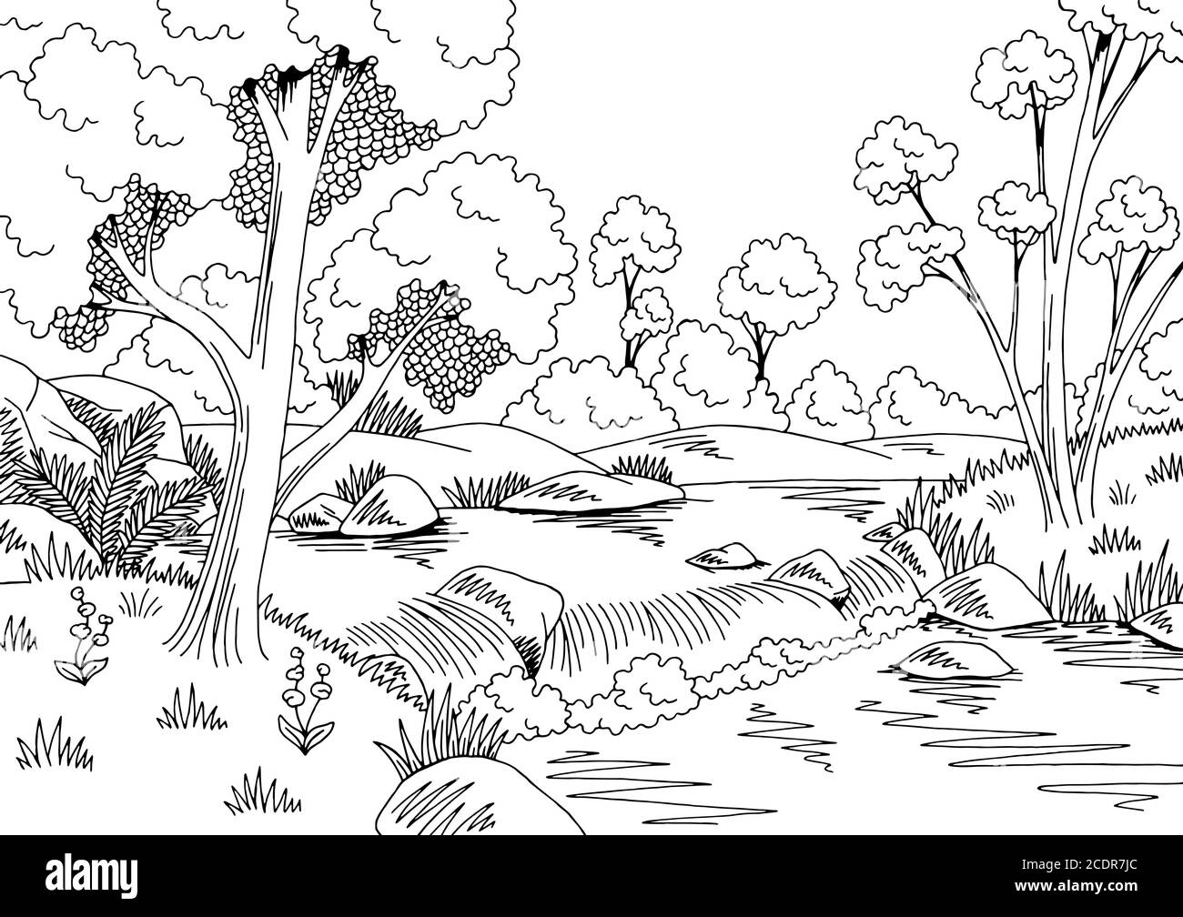 Forêt rivière graphique noir blanc cascade paysage esquisse vecteur d'illustration Illustration de Vecteur